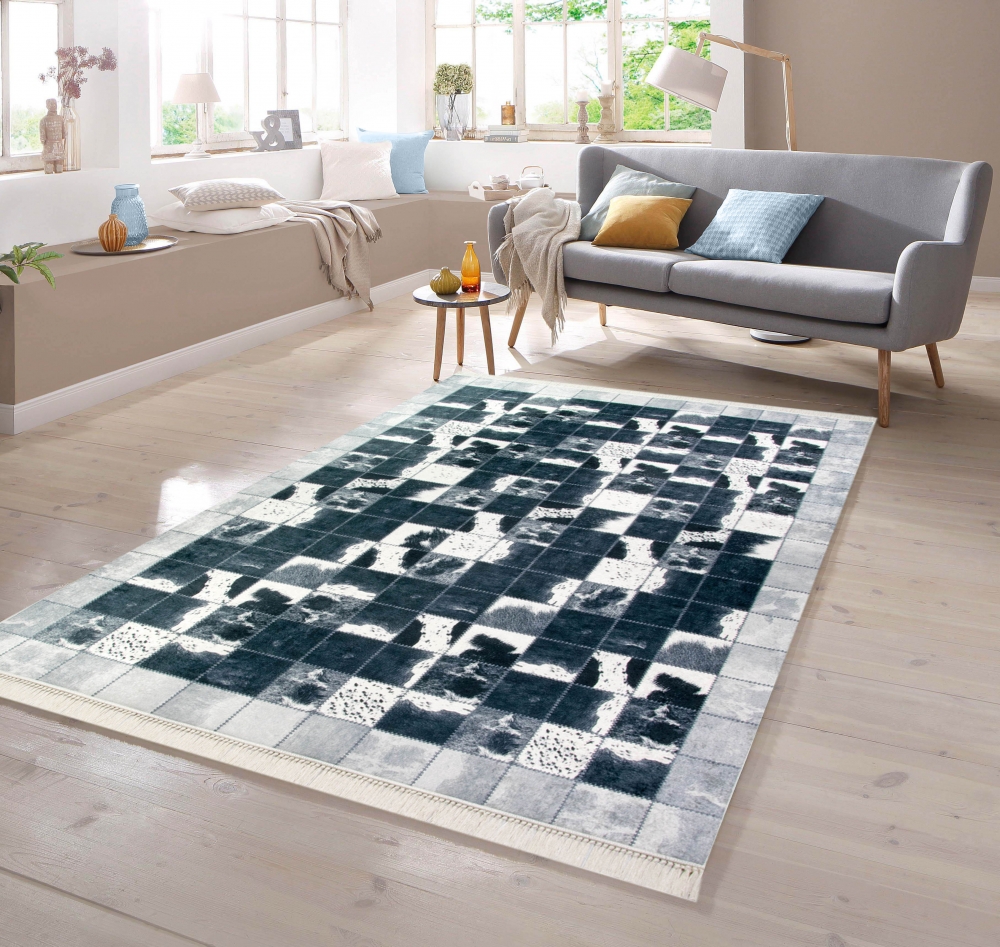 Kuhfell Imitat Teppich Patchwork in Schwarz Grau Weiß